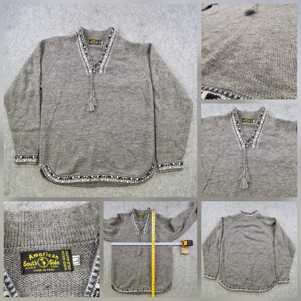 American South Side Sweater Womens Large Gray Alpaca Wool V Neck Tassel Peru